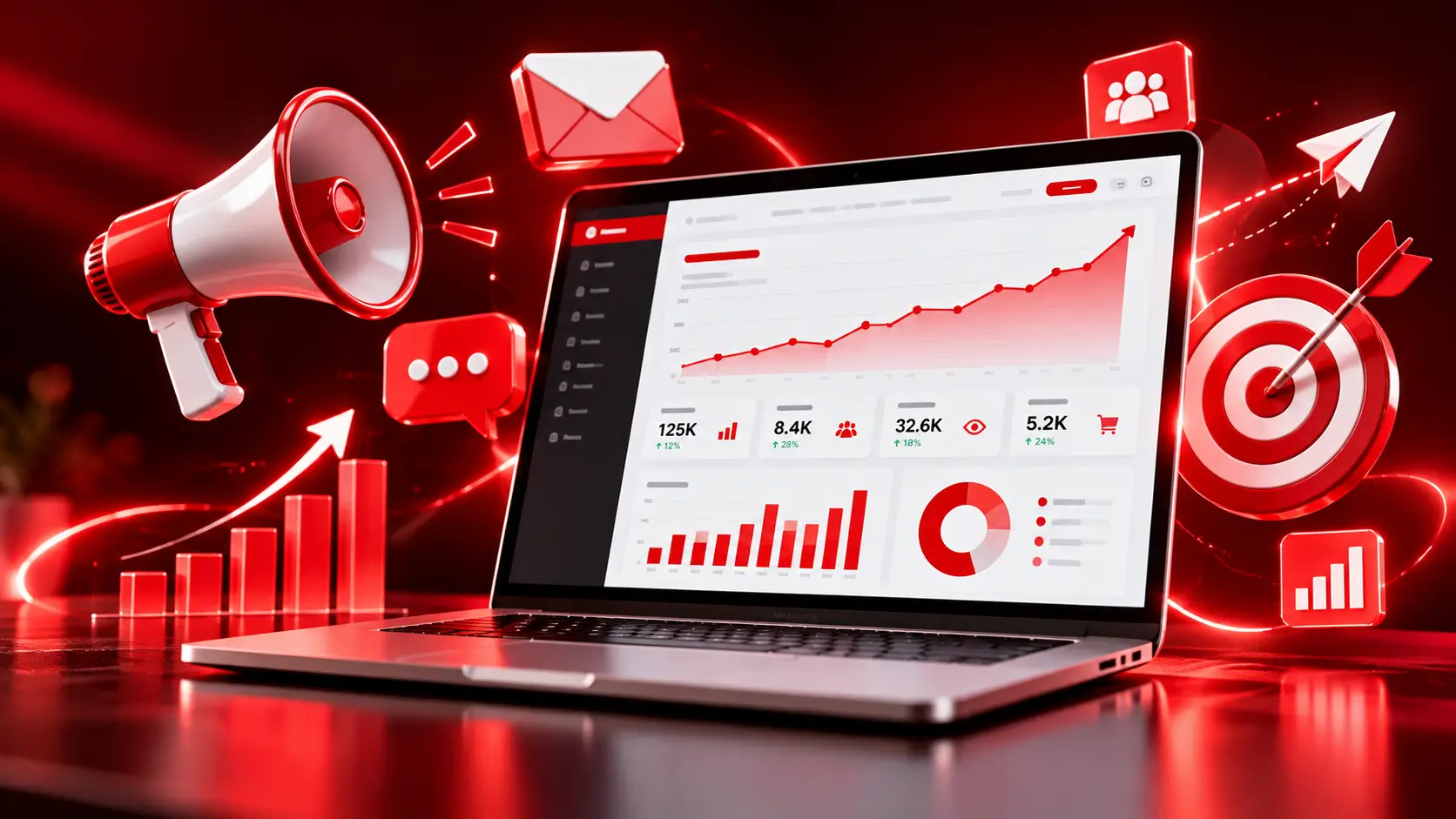 Laptop showing a marketing dashboard with rising charts
