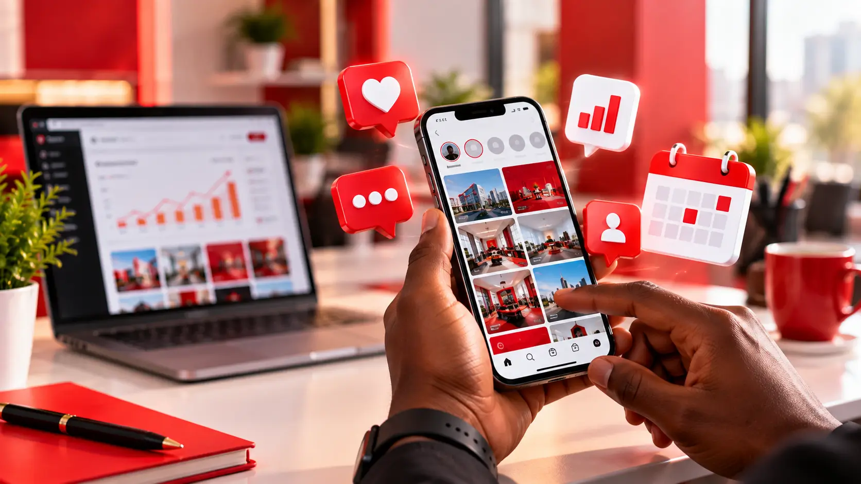Hands holding a smartphone showing a business social media feed