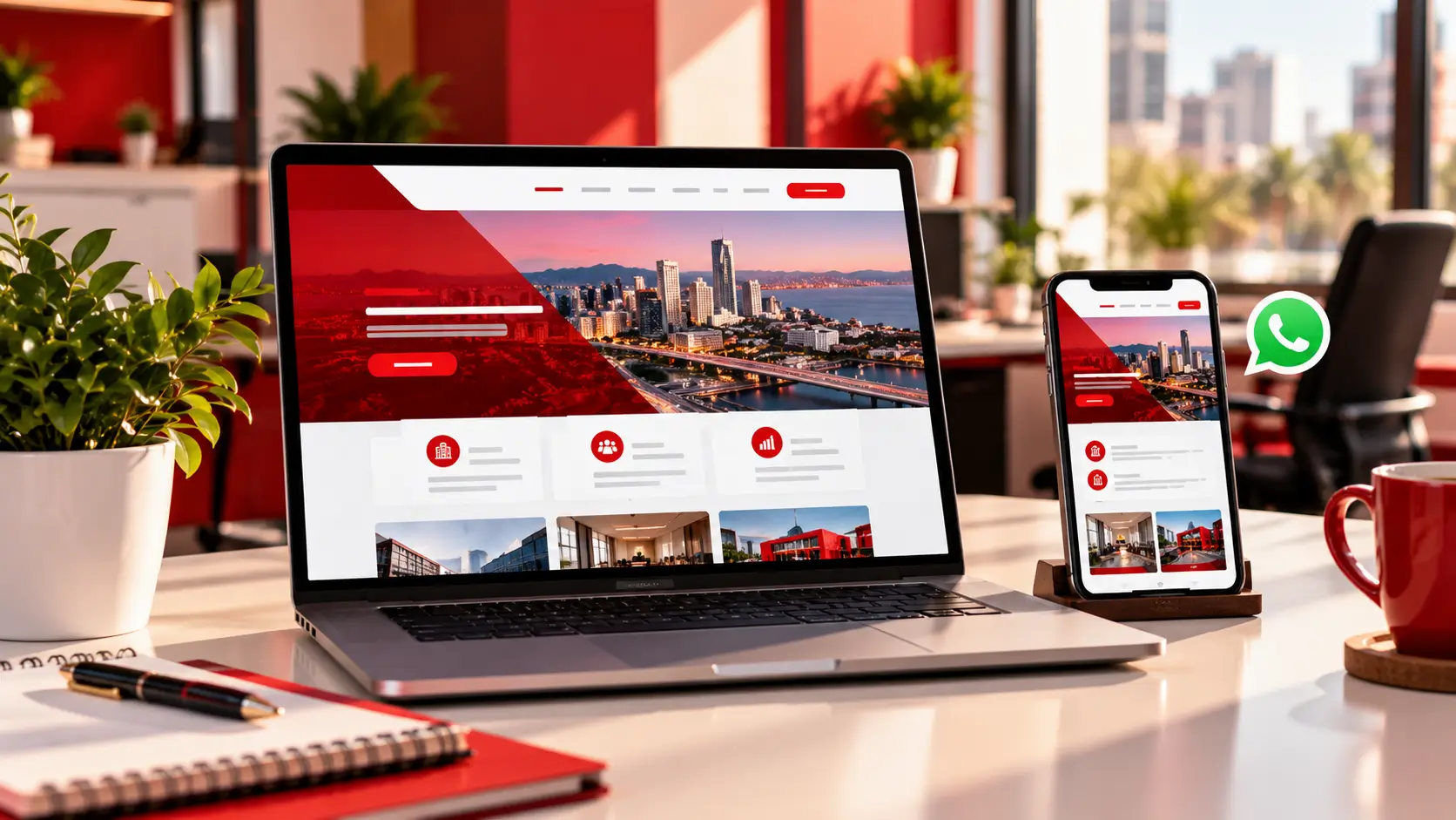Business website shown on a laptop and phone on an office desk