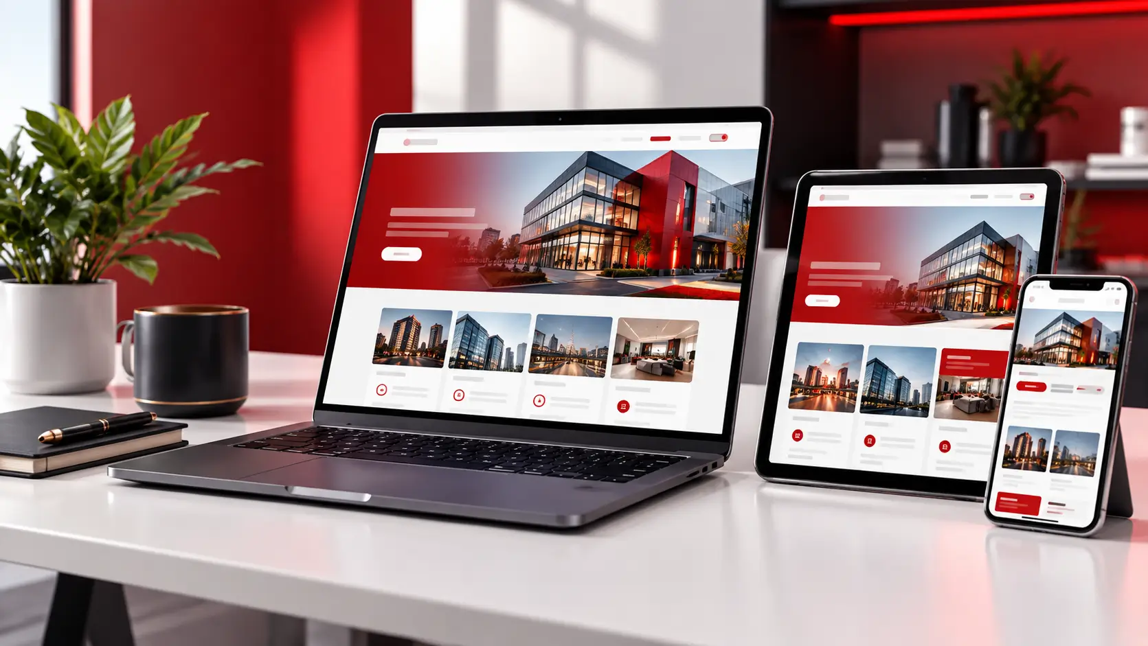 Website designs shown on laptop and phone screens