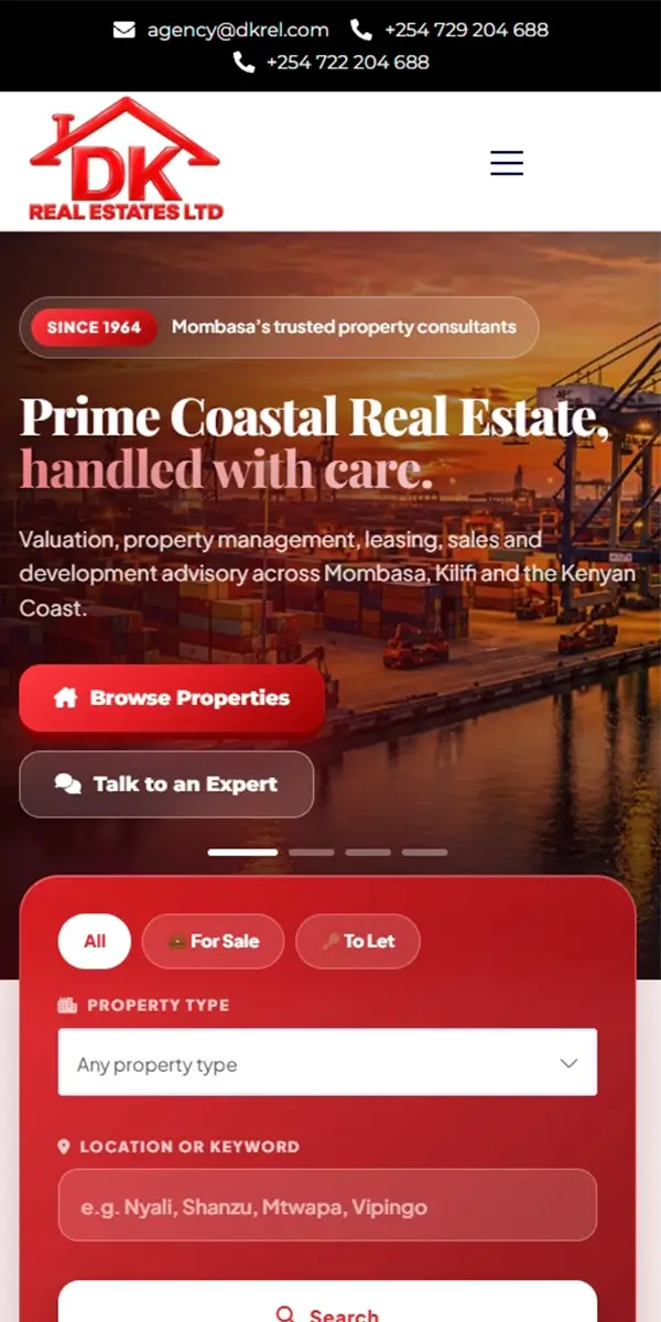 DK Real Estates Ltd website on a phone