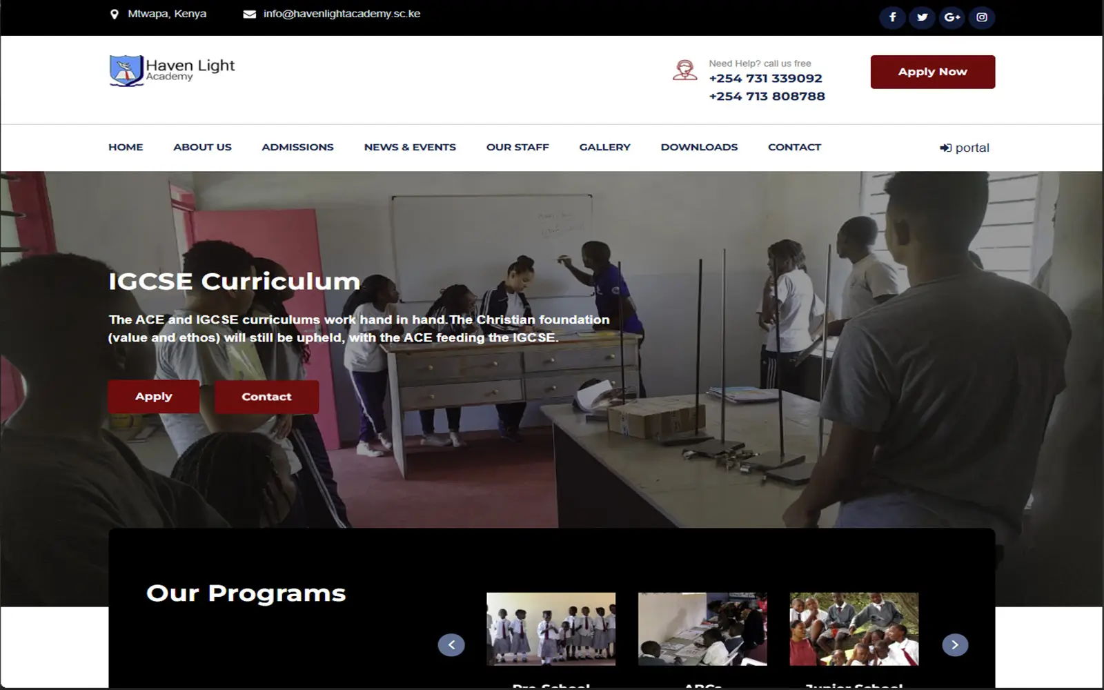 Homepage of the Haven Light Academy website designed by WEBNET MASTERS